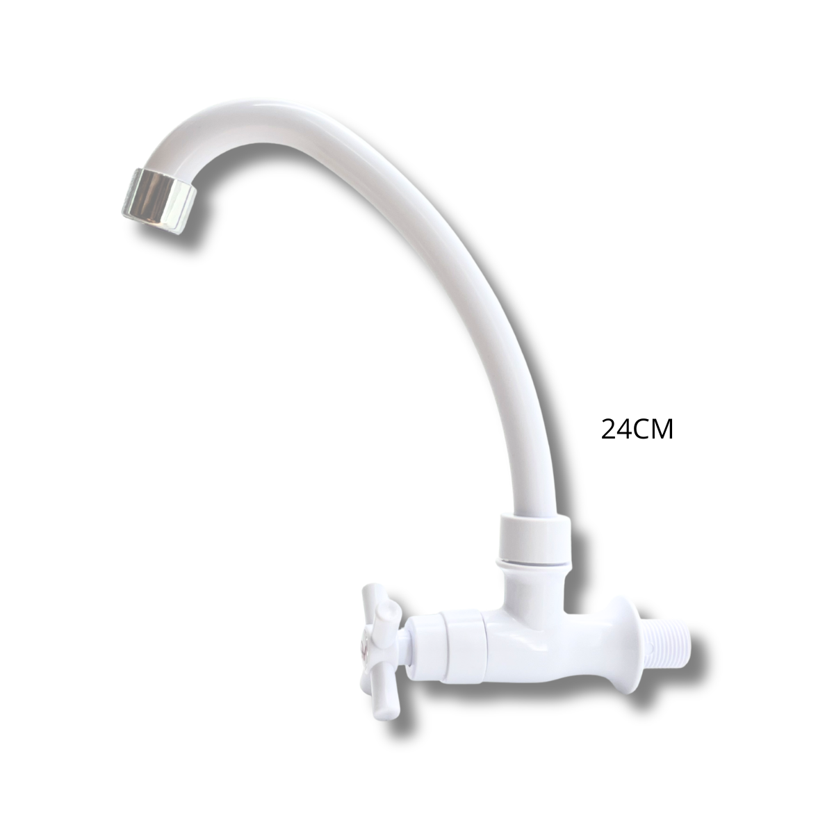 CANILLA DE PARED BLANCA 24CM Y LLAVE DE CUARTO DE VUELTA
